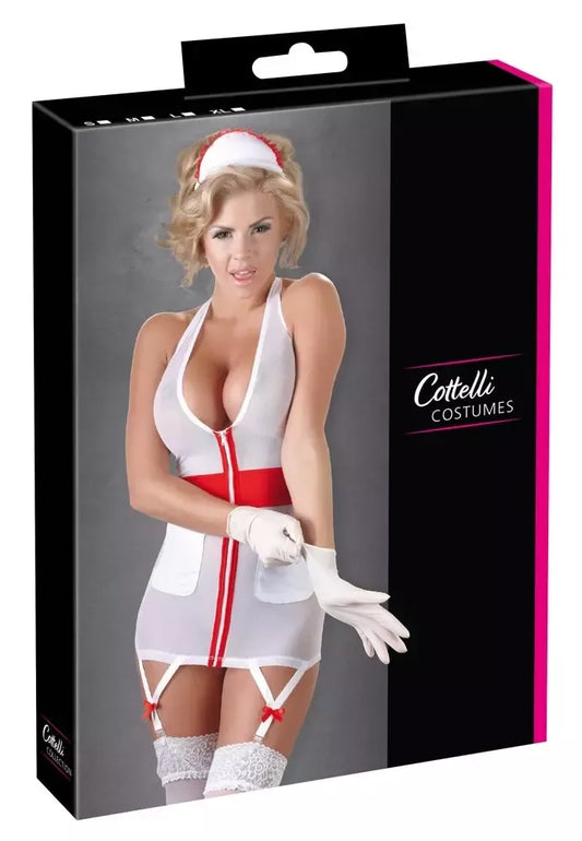 Cottelli Collection Nurse S kostiumas su galvos lankeliu ir petnešomis, baltas/raudonas
