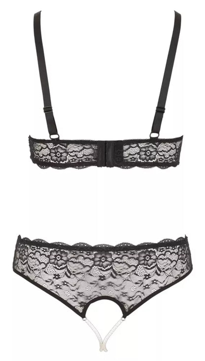 Cottelli Collection Pearl Set Black L – nėriniuotas apatinis trikotažas su dekoratyviniais perlais