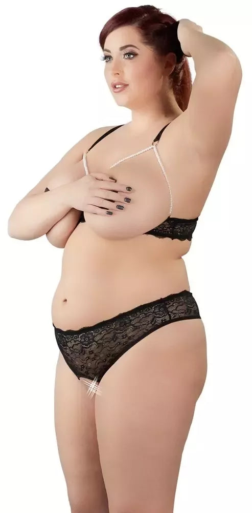 Cottelli Collection Pearl Set Black L – nėriniuotas apatinis trikotažas su dekoratyviniais perlais