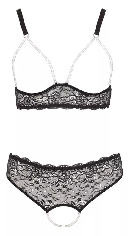 Cottelli Collection Pearl Set Black L – nėriniuotas apatinis trikotažas su dekoratyviniais perlais