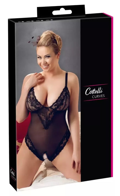 Cottelli Collection permatomas nėriniuotas atviro klyno bodis, juodas, 2XL