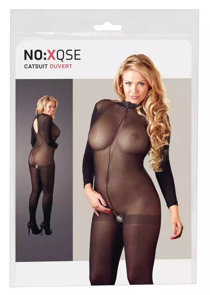Cottelli Collection Power Net bodis XL-XXL, nėriniuota apykaklė, atviras tarpukojis