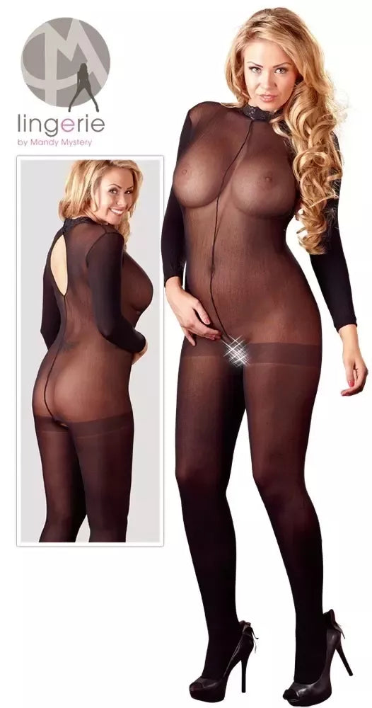 Cottelli Collection Power Net bodis XL-XXL, nėriniuota apykaklė, atviras tarpukojis