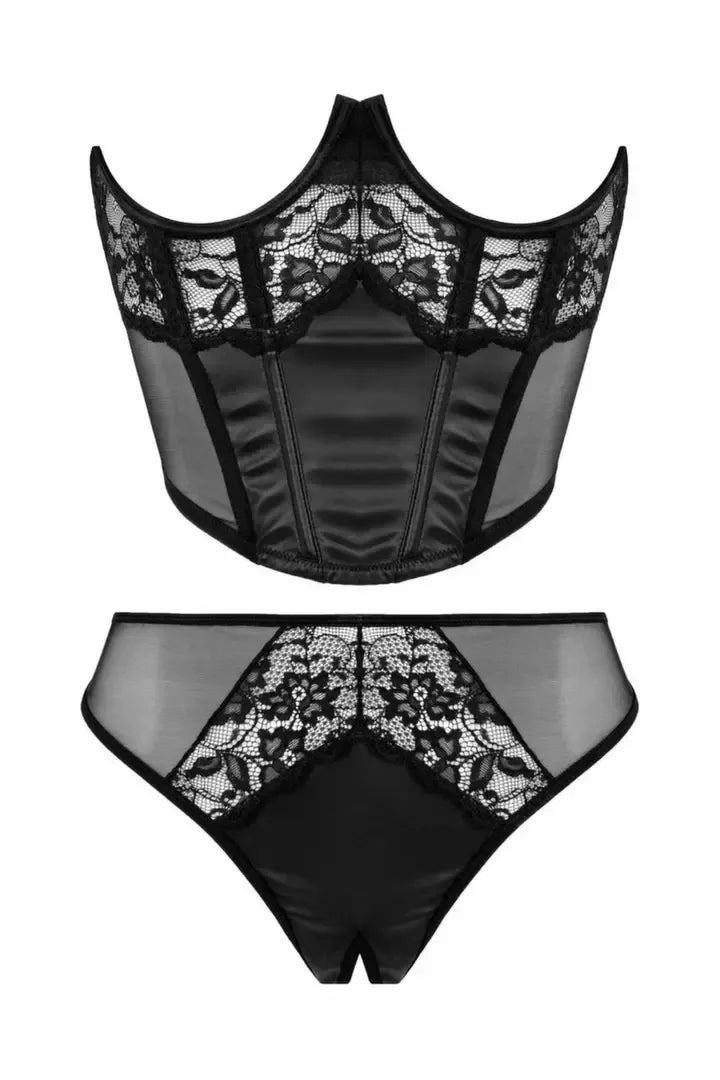 Cottelli Collection pusiau korsetas ir Tiara stringai, juodi nėriniai, S