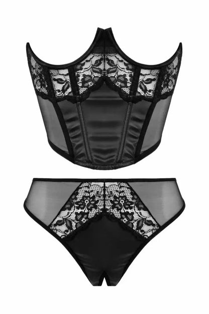 Cottelli Collection pusiau korsetas ir Tiara stringai, juodi nėriniai, S