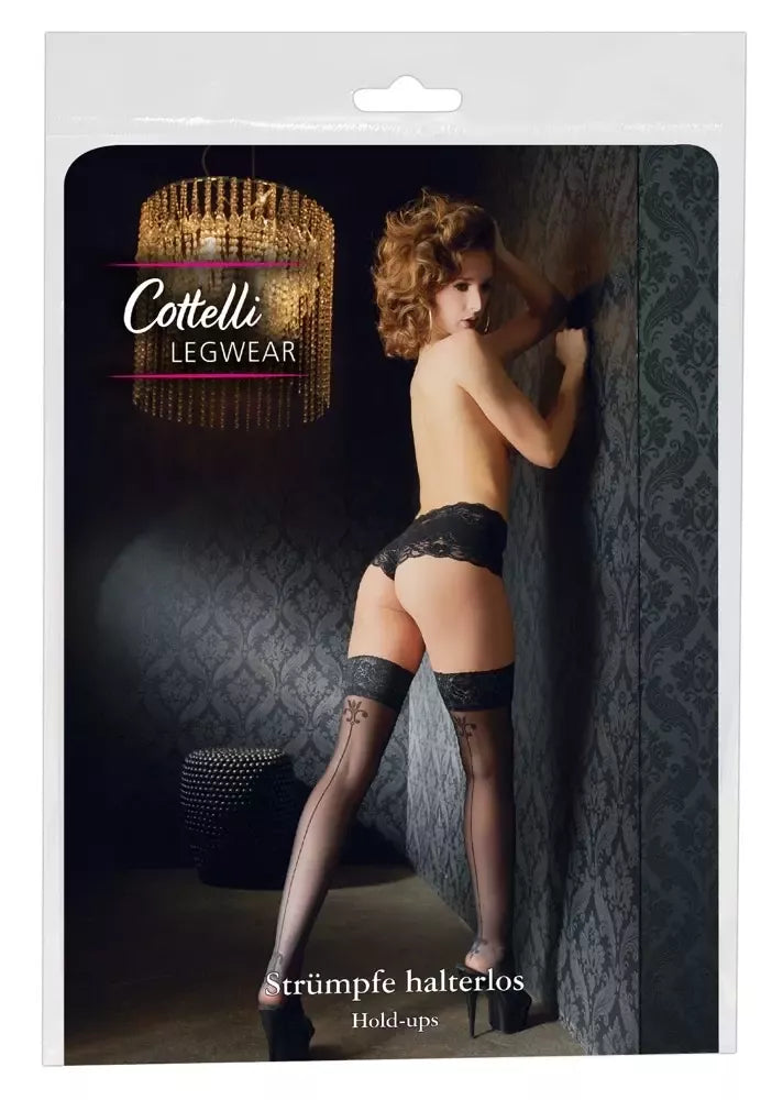 Cottelli Collection puskojinės su siūle ir nėriniuotu viršumi, juodos, 8 cm