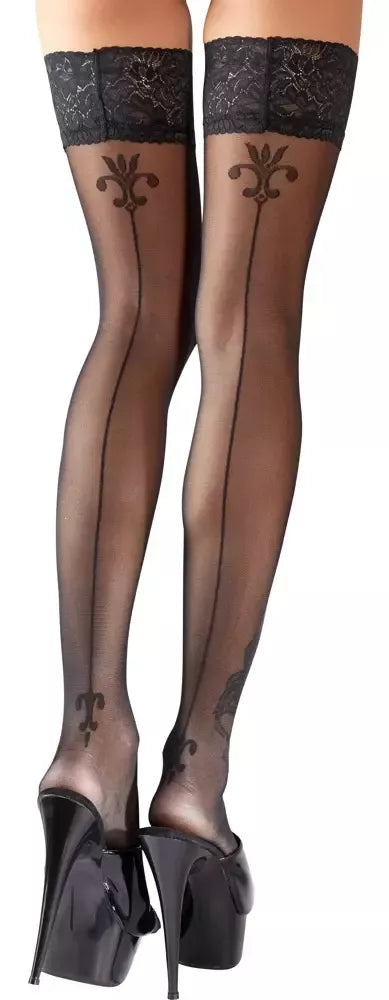 Cottelli Collection puskojinės su siūle ir nėriniuotu viršumi, juodos, 8 cm