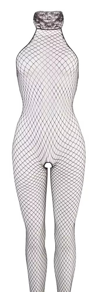 Cottelli Collection tinklinis kostiumas (Net Catsuit) juodas S/M su nėriniuota apykakle ir atviru dizainu