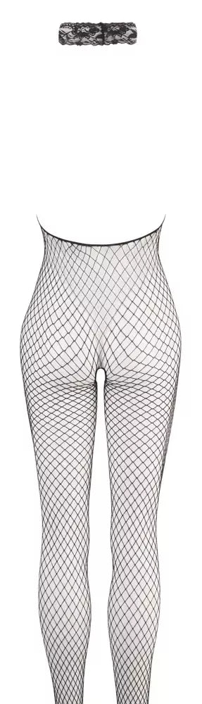 Cottelli Collection tinklinis kostiumas (Net Catsuit) juodas S/M su nėriniuota apykakle ir atviru dizainu