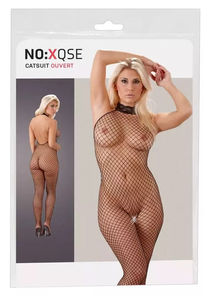 Cottelli Collection tinklinis kostiumas (Net Catsuit) juodas S/M su nėriniuota apykakle ir atviru dizainu