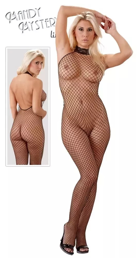 Cottelli Collection tinklinis kostiumas (Net Catsuit) juodas S/M su nėriniuota apykakle ir atviru dizainu