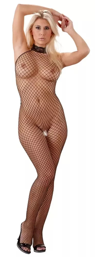 Cottelli Collection tinklinis kostiumas (Net Catsuit) juodas S/M su nėriniuota apykakle ir atviru dizainu