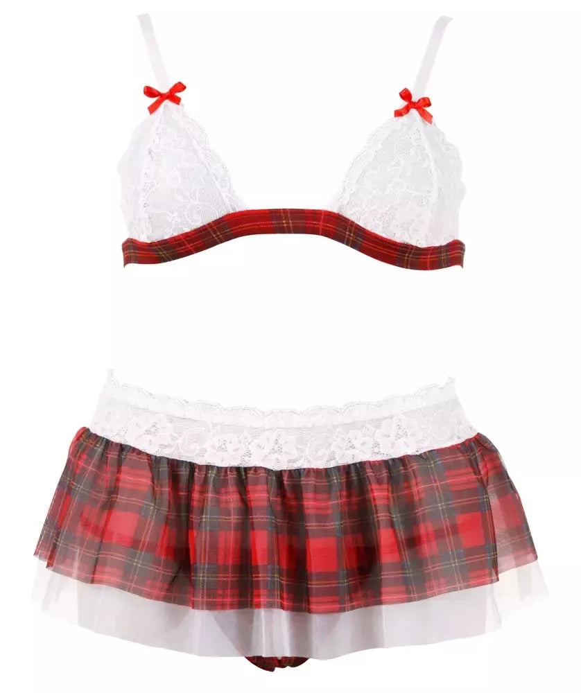 Cottelli Collection viršutinės dalies ir sijono komplektas, raudonas languotas su nėriniais, M dydis