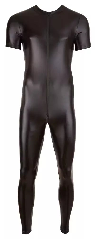 „Cottelli Collection“ vyriškas XL dydžio „Wet Look“ kombinezonas su trijų krypčių užtrauktuku, juodas