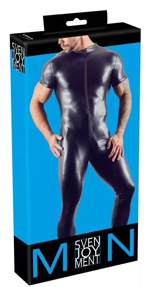 „Cottelli Collection“ vyriškas XL dydžio „Wet Look“ kombinezonas su trijų krypčių užtrauktuku, juodas