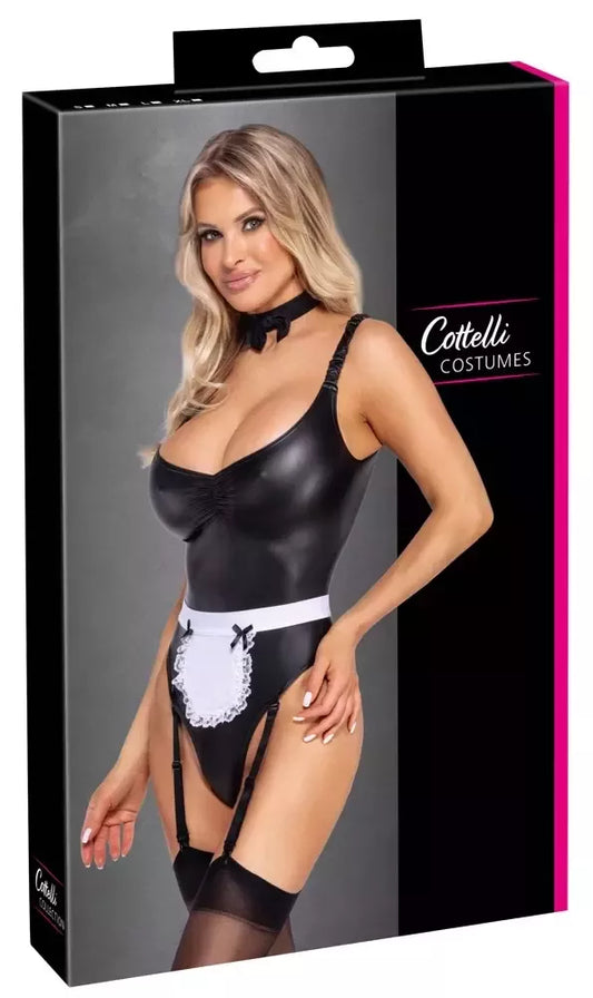 Cottelli Costumes Maid Set L – 3 dalių juodas matinis komplektas su kojinių laikikliais