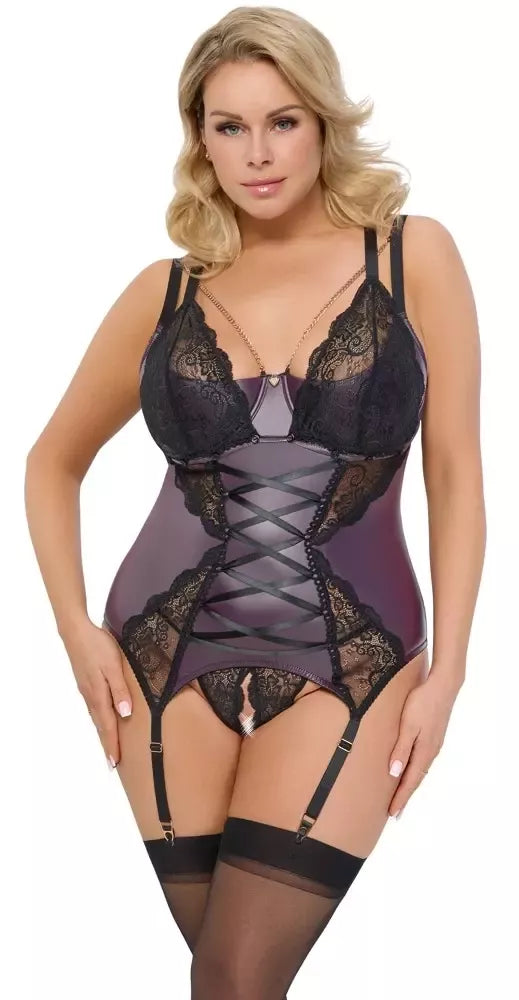 Cottelli Curves apatinukų komplektas XL, tamsiai violetinės spalvos su nuimamomis nėrinių detalėmis