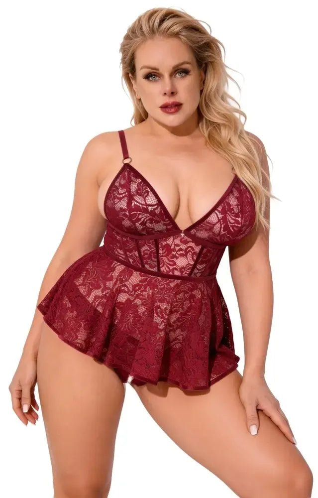 Cottelli Curves babydolėlių rinkinys 3XL, raudoni nėriniai ir aksomas, reguliuojamos petnešėlės