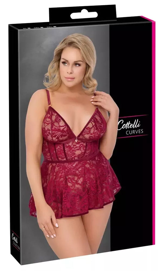 Cottelli CURVES Babydoll komplektas raudonas XL – nėriniai ir aksomas, reguliuojamas dydis