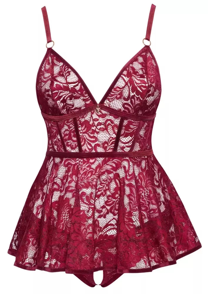 Cottelli CURVES Babydoll komplektas raudonas XL – nėriniai ir aksomas, reguliuojamas dydis