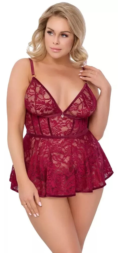 Cottelli CURVES Babydoll komplektas raudonas XL – nėriniai ir aksomas, reguliuojamas dydis