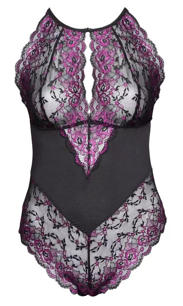 Cottelli CURVES Body Lace 2XL gėlių nėriniai, dviejų spalvų, su intarpu ties liemeniu