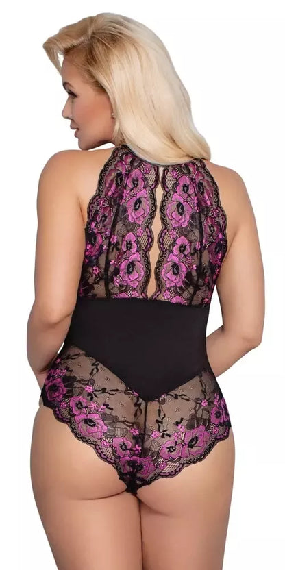 Cottelli Curves Body Lace XL – dviejų spalvų nėriniuotas bodis su juosmens intarpu