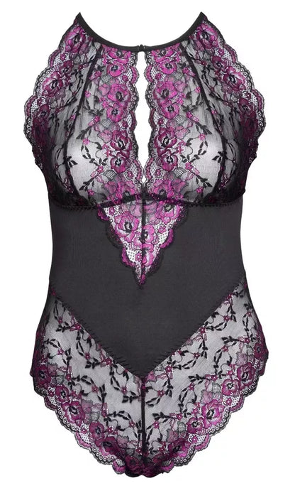 Cottelli Curves Body Lace XL – dviejų spalvų nėriniuotas bodis su juosmens intarpu