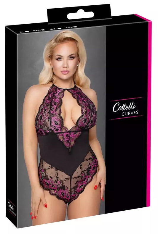Cottelli Curves Body Lace XL – dviejų spalvų nėriniuotas bodis su juosmens intarpu