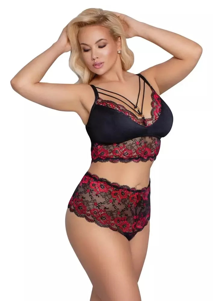 „Cottelli CURVES“ juodas/raudonas nėriniuotas liemenėlės ir kelnaičių komplektas, 2XL dydis – reguliuojamas prigludimas