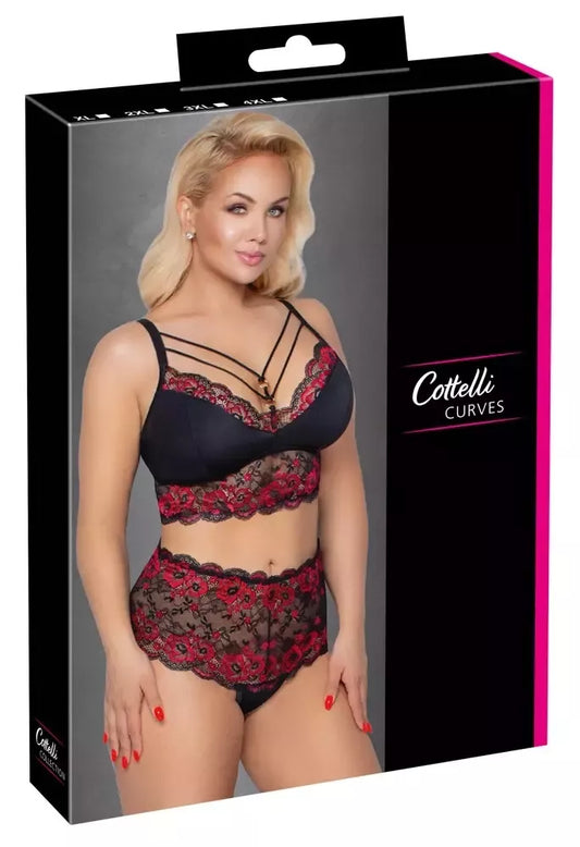 „Cottelli CURVES“ juodas/raudonas nėriniuotas liemenėlės ir kelnaičių komplektas, 2XL dydis – reguliuojamas prigludimas