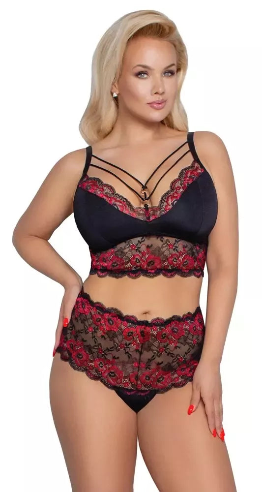 „Cottelli CURVES“ juodas/raudonas nėriniuotas liemenėlės ir kelnaičių komplektas, 2XL dydis – reguliuojamas prigludimas