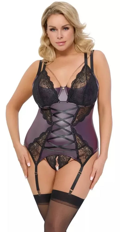 Cottelli Curves korsetas 95F/2XL, elegantiški nėriniai ir matinis efektas, purpurinė-juoda