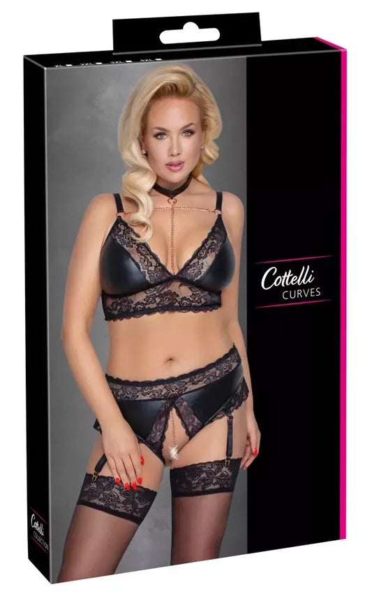 Cottelli CURVES liemenėlė ir kelnaitės su diržo laikikliais 4XL su nuimamomis grandinėlėmis, matinio audinio ir nėrinių