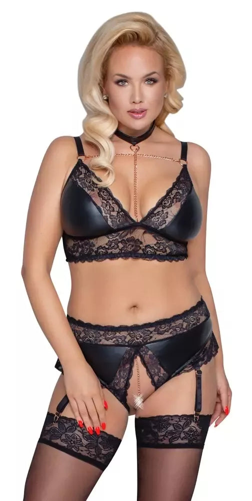 Cottelli CURVES liemenėlės ir dirželių kelnaitėms 2XL matinio stiliaus ir nėrinių komplektas