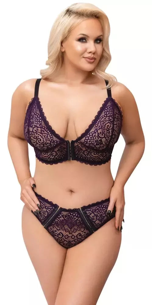 Cottelli Curves liemenėlės ir kelnaičių rinkinys, violetinis, XL dydis – švelnus nėriniuotas komfortas