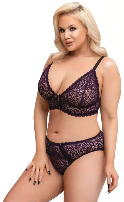 Cottelli Curves liemenėlės ir kelnaičių rinkinys, violetinis, XL dydis – švelnus nėriniuotas komfortas