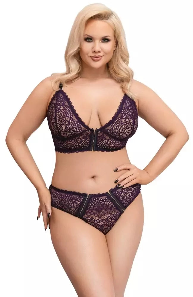 Cottelli Curves liemenėlės ir kelnaičių rinkinys, violetinis, XL dydis – švelnus nėriniuotas komfortas