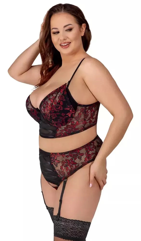 Cottelli Curves Longline Bra & Suspender Thong Set juoda/raudona 95E/2XL