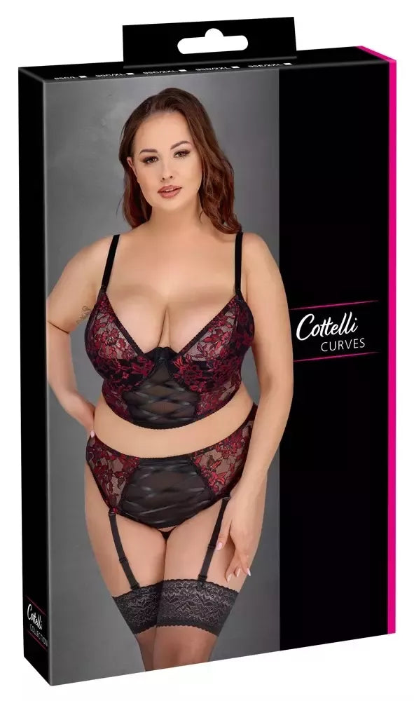 Cottelli Curves Longline Bra & Suspender Thong Set juoda/raudona 95E/2XL