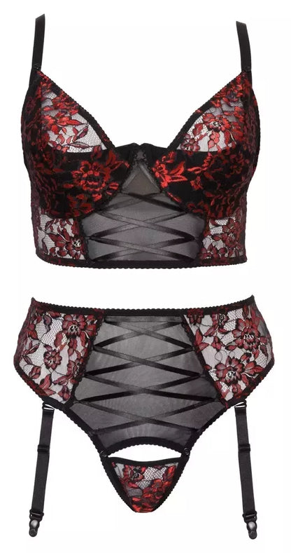 Cottelli Curves Longline Bra & Suspender Thong Set juoda/raudona 95E/2XL