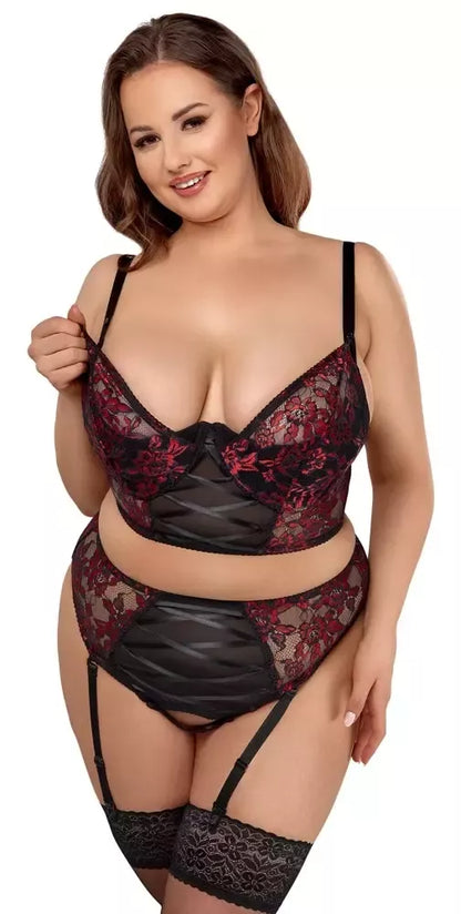 Cottelli Curves Longline Bra & Suspender Thong Set juoda/raudona 95E/2XL