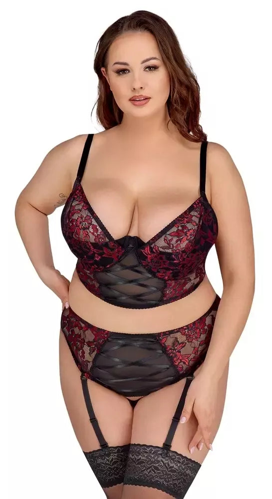 Cottelli Curves Longline Bra & Suspender Thong Set juoda/raudona 95E/2XL