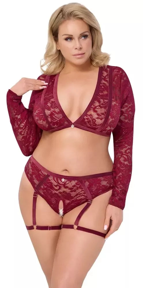 Cottelli Curves Nėrinių ir Aksomo Lingerijos Komplektas, Raudonas, 3XL, su Reguliuojamomis Petnešėlėmis