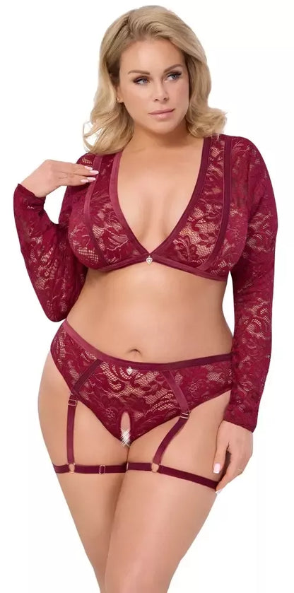 Cottelli Curves Nėrinių ir Aksomo Lingerijos Komplektas, Raudonas, 3XL, su Reguliuojamomis Petnešėlėmis