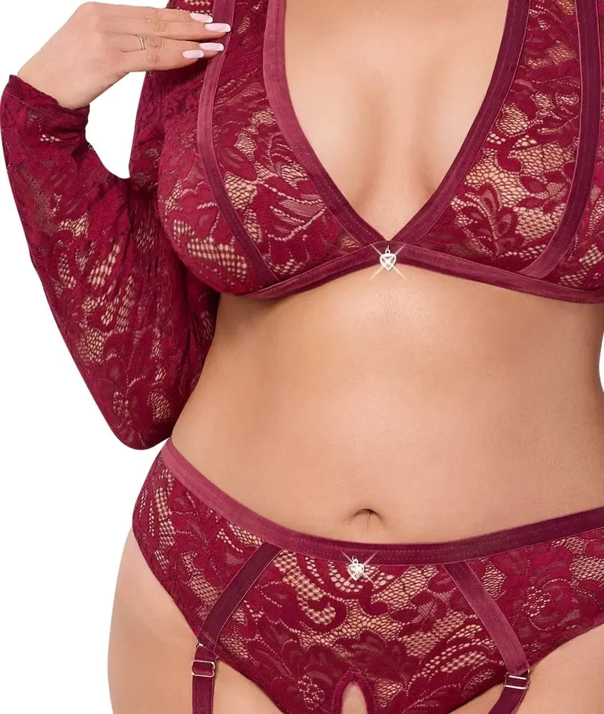 Cottelli Curves Nėrinių ir Aksomo Lingerijos Komplektas, Raudonas, 3XL, su Reguliuojamomis Petnešėlėmis