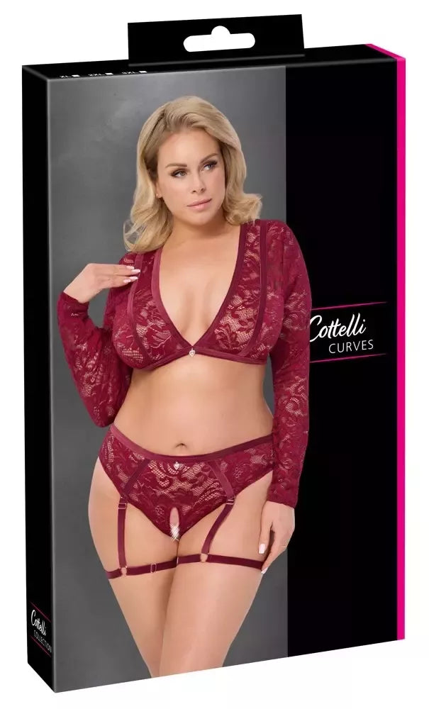 Cottelli Curves Nėrinių ir Aksomo Lingerijos Komplektas, Raudonas, 3XL, su Reguliuojamomis Petnešėlėmis