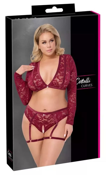 Cottelli Curves Nėrinių ir Aksomo Lingerijos Komplektas, Raudonas, 3XL, su Reguliuojamomis Petnešėlėmis