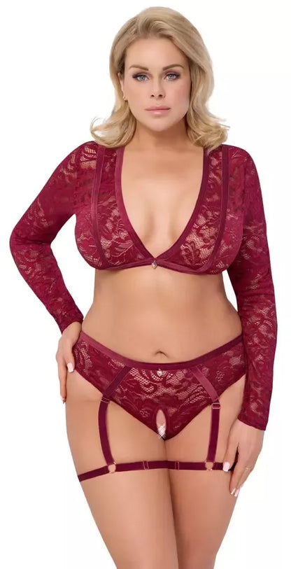Cottelli Curves Nėrinių ir Aksomo Lingerijos Komplektas, Raudonas, 3XL, su Reguliuojamomis Petnešėlėmis