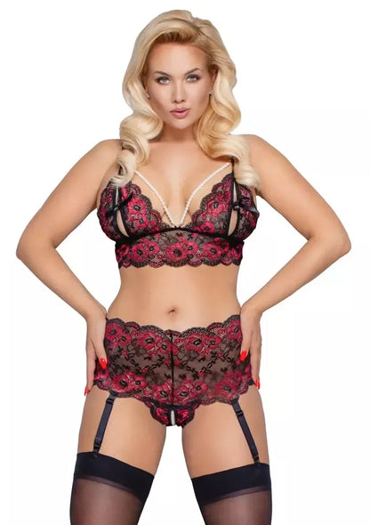 Cottelli CURVES nėrinių liemenėlės ir diržo susegamoms kojinėms rinkinys 3XL/4XL, dviejų spalvų dizainas